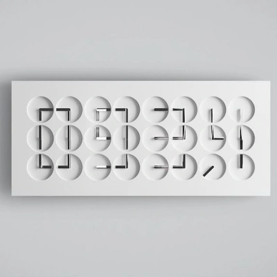 Die ClockClock 24 zeigt die Uhrzeit mit 24 weissem Korpus mit beschichteten Uhrzeigern sich synchron bewegen. Aus den Zeigern formt sich eine digitale Anzeige. Das minimalistische Design wirkt modern, technisch und zugleich k&uuml;nstlerisch pr&auml;zise