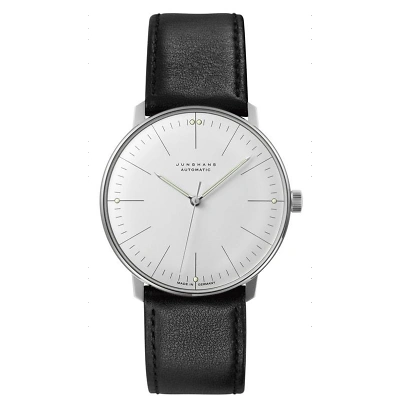 Armbanduhr im max bill Design mit matt versilbertes Zifferblatt mit Strichindizes, Leuchtpunkten und leuchtenden Zeigern. Geh&auml;use aus Edelstahl, schwarzes Rindslederband mit Edelstahldornschlie&szlig;e.