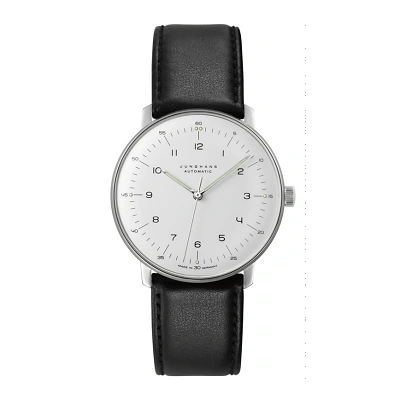 Armbanduhr im max bill Design mit matt versilbertes Zifferblatt, arabischen Ziffern, Strichindizes, Leuchtpunkten und leuchtenden Zeigern. Geh&auml;use aus Edelstahl, schwarzes Rindslederband mit Edelstahldornschlie&szlig;e.