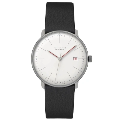 Armbanduhr im max bill / Bauhaus Edition Design mit weissem Zifferblatt, Strichindizes, Leuchtpunkten und rot leuchtenden Zeigern sowie roter Datumsanzeige bei 3 Uhr. Geh&auml;use aus Edelstahl mit Saphirglas. Schwarzes B&uuml;ffellederband mit Dornschliesse.