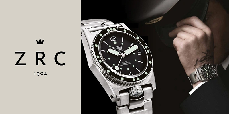 Marken&uuml;bersicht ZRC R&eacute;&eacute;dition GF38163: Ein Captain tr&auml;gt die Uhr am Handgelenk und h&auml;lt einen Hut in der Hand. Im Hintergrund ist die Uhr nochmals seitlich in gr&ouml;&szlig;erer Ansicht abgebildet, die das markante Design und die robuste Bauweise zeigt.
